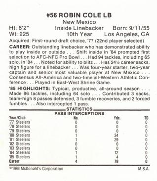 1986 McDonald's Pittsburgh Steelers #NNO Robin Cole Back