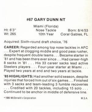 1986 McDonald's Pittsburgh Steelers #NNO Gary Dunn Back