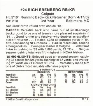 1986 McDonald's Pittsburgh Steelers #NNO Rich Erenberg Back