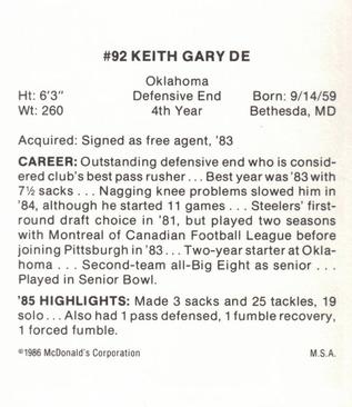 1986 McDonald's Pittsburgh Steelers #NNO Keith Gary Back