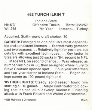 1986 McDonald's Pittsburgh Steelers #NNO Tunch Ilkin Back