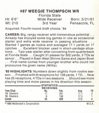1986 McDonald's Pittsburgh Steelers #NNO Weegie Thompson Back