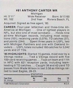 1986 McDonald's Minnesota Vikings #NNO Anthony Carter Back