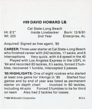 1986 McDonald's Minnesota Vikings #NNO David Howard Back
