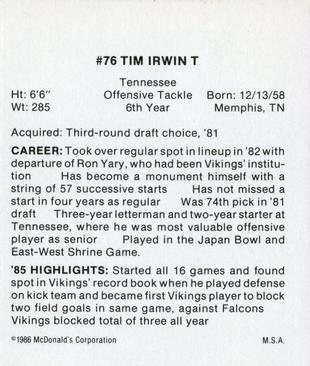 1986 McDonald's Minnesota Vikings #NNO Tim Irwin Back