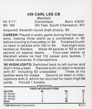 1986 McDonald's Minnesota Vikings #NNO Carl Lee Back