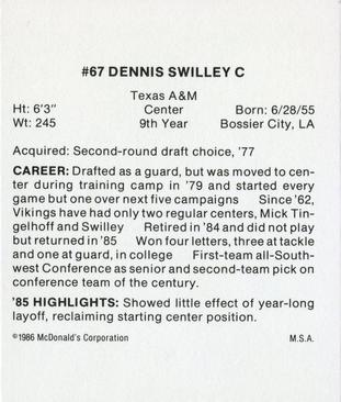 1986 McDonald's Minnesota Vikings #NNO Dennis Swilley Back