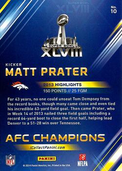 2014 Panini Super Bowl XLVIII Denver Broncos #10 Matt Prater Back