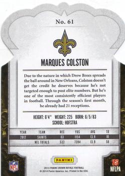 2013 Panini Crown Royale - Red (Die Cut Crown) #61 Marques Colston Back