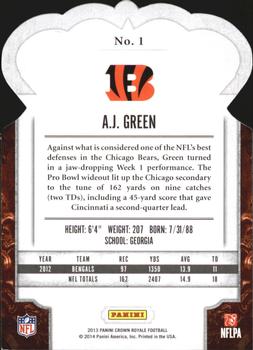 2013 Panini Crown Royale - Red Holo (Die Cut Crown) #1 A.J. Green Back