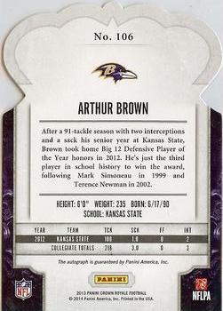2013 Panini Crown Royale - Rookie Signatures Silver Holofoil #106 Arthur Brown Back