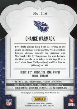 2013 Panini Crown Royale - Rookie Signatures Silver Holofoil #116 Chance Warmack Back
