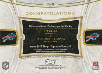2013 Topps Supreme - Dual Autographs #SDA-KT Thurman Thomas / Jim Kelly Back