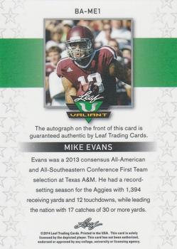 2014 Leaf Valiant #BA-ME1 Mike Evans Back