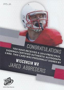 2014 Press Pass - Autographs Blue Red Ink #PPS-JA Jared Abbrederis Back