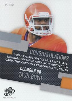 2014 Press Pass - Autographs Blue Red Ink #PPS-TBO Tajh Boyd Back