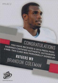 2014 Press Pass - Autographs Bronze #PPS-BCL Brandon Coleman Back