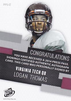 2014 Press Pass - Autographs Bronze #PPS-LT Logan Thomas Back