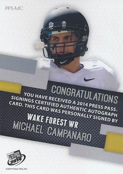 2014 Press Pass - Autographs Bronze #PPS-MC Michael Campanaro Back