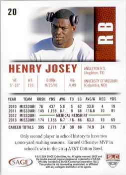 2014 SAGE HIT - Silver #20 Henry Josey Back