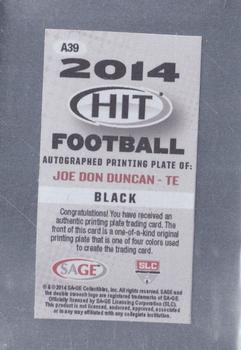 2014 SAGE HIT - Autographs Printing Plates Black #A39 Joe Don Duncan Back