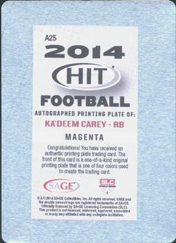 2014 SAGE HIT - Autographs Printing Plates Magenta #A25 Ka'Deem Carey Back