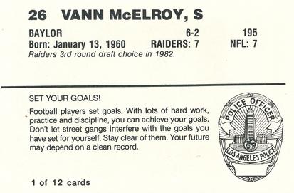 1988 Los Angeles Raiders Police #1 Vann McElroy Back
