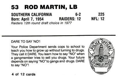 1988 Los Angeles Raiders Police #4 Rod Martin Back