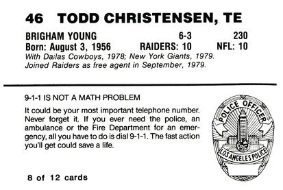 1988 Los Angeles Raiders Police #8 Todd Christensen Back
