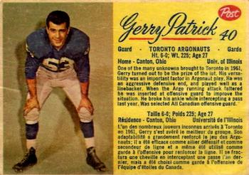 1963 Post Cereal CFL #40 Gerry Patrick Front