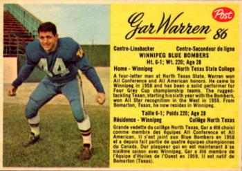 1963 Post Cereal CFL #86 Gar Warren Front