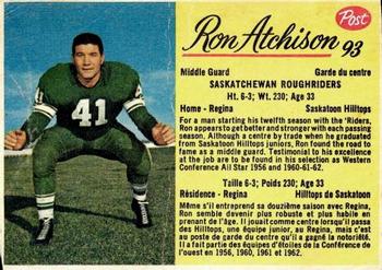 1963 Post Cereal CFL #93 Ron Atchison Front
