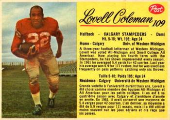 1963 Post Cereal CFL #109 Lovell Coleman Front