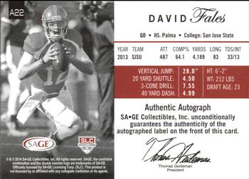 2014 SAGE Autographed #A22 David Fales Back