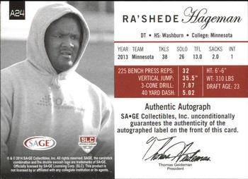 2014 SAGE Autographed #A24 Ra'Shede Hageman Back