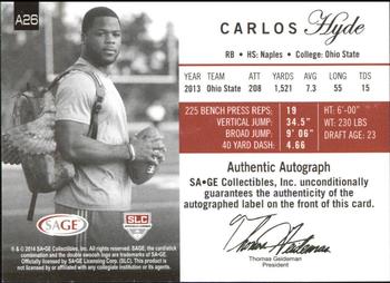 2014 SAGE Autographed #A26 Carlos Hyde Back