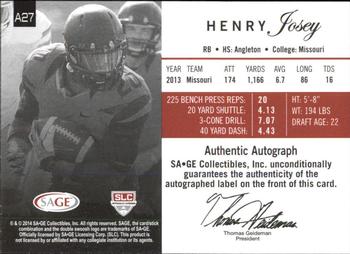 2014 SAGE Autographed #A27 Henry Josey Back