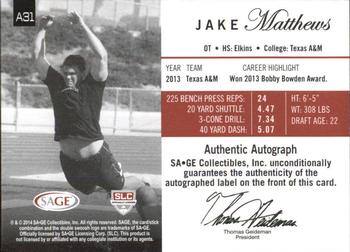 2014 SAGE Autographed #A31 Jake Matthews Back