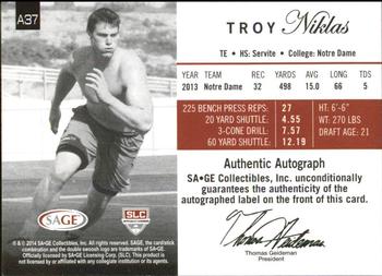 2014 SAGE Autographed #A37 Troy Niklas Back