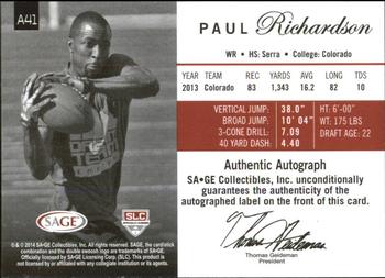 2014 SAGE Autographed #A41 Paul Richardson Back