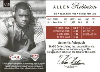 2014 SAGE Autographed #A42 Allen Robinson Back