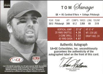 2014 SAGE Autographed #A44 Tom Savage Back