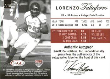 2014 SAGE Autographed #A48 Lorenzo Taliaferro Back