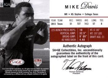 2014 SAGE Autographed #A14 Mike Davis Back
