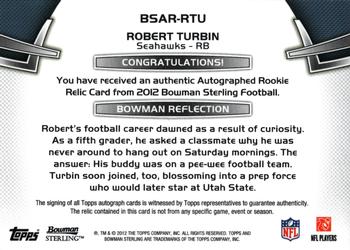 2012 Bowman Sterling - Autographed Rookie Relics #BSAR-RTU Robert Turbin Back