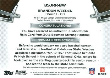 2012 Bowman Sterling - Rookie Relics #BSJRR-BW Brandon Weeden Back