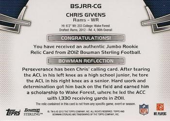 2012 Bowman Sterling - Rookie Relics #BSJRR-CG Chris Givens Back