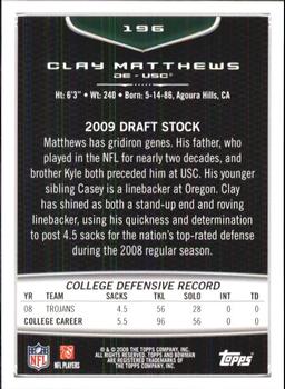2009 Bowman Draft Picks #196 Clay Matthews Back