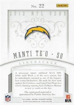 2013 Panini National Treasures - Rookie NFL Gear Quad Materials #22 Manti Te'o Back