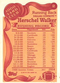 1989 Topps - 1000 Yard Club #2 Herschel Walker Back